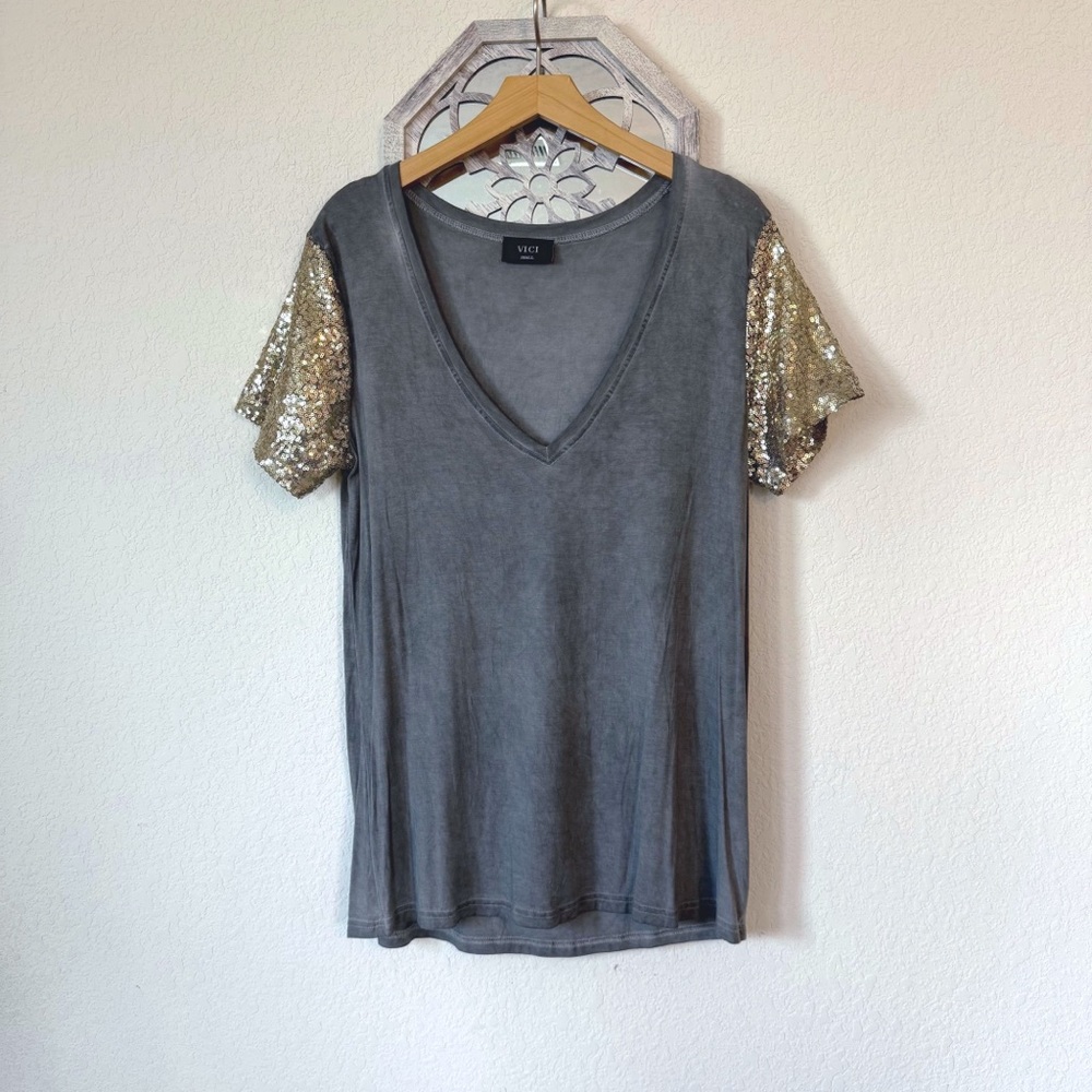 Vici • Stone Wash Gray Super Soft Sequin Short Sleeve V-Neck Casual Relaxed Tee